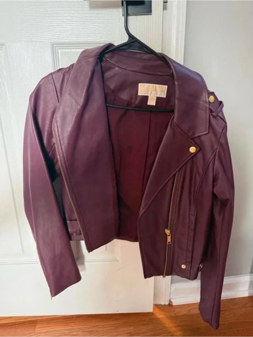 MICHAEL Michael Kors Burgundy Leather Moto Jacket with Gold Hardware